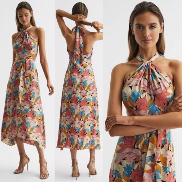 New! Reiss Electra Floral Halter Midi Dress nwot 33076 - Picture 1 of 9